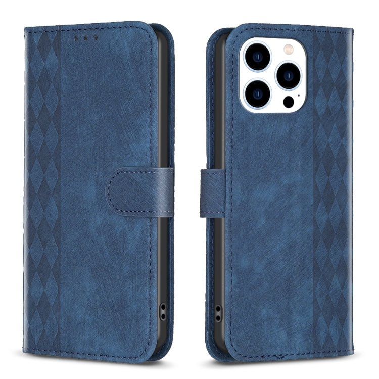 For iPhone 15 Pro Max Plaid Embossed Leather Phone Case(Blue)
