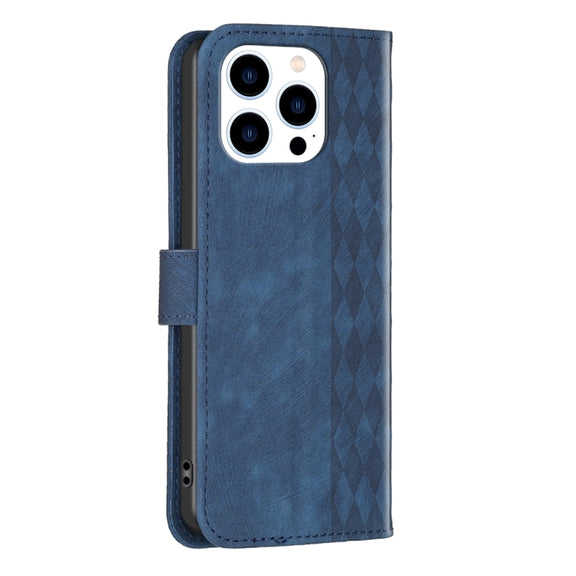 For iPhone 15 Pro Max Plaid Embossed Leather Phone Case(Blue)