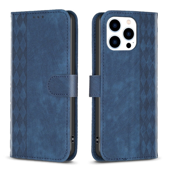 For iPhone 15 Pro Max Plaid Embossed Leather Phone Case(Blue)