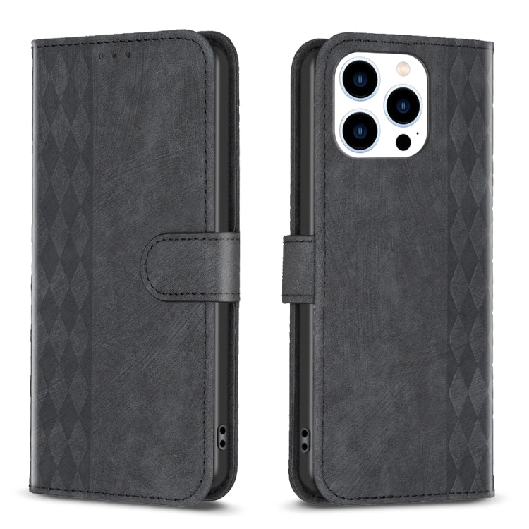 For iPhone 15 Pro Plaid Embossed Leather Phone Case(Black)