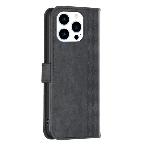 For iPhone 15 Pro Plaid Embossed Leather Phone Case(Black)