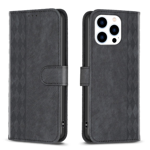 For iPhone 15 Pro Plaid Embossed Leather Phone Case(Black)