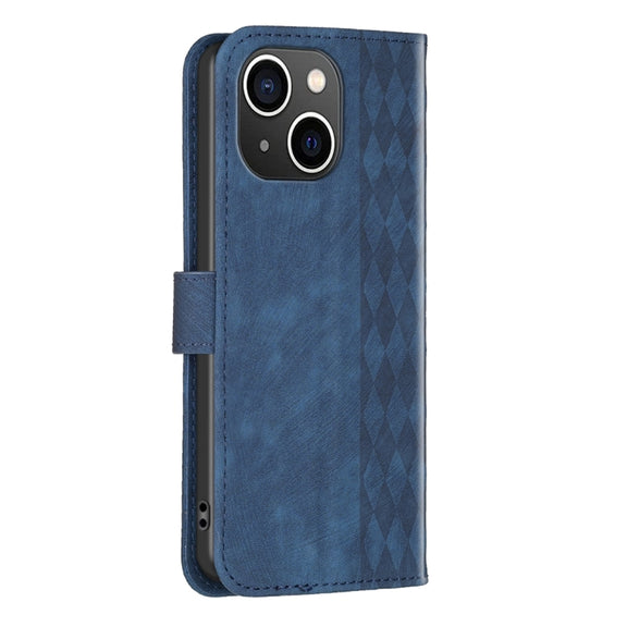 For iPhone 15 Plus Plaid Embossed Leather Phone Case(Blue)