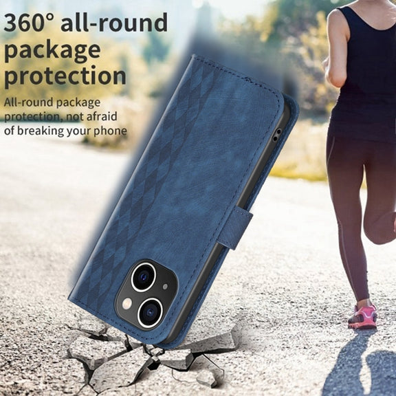 For iPhone 15 Plus Plaid Embossed Leather Phone Case(Blue)