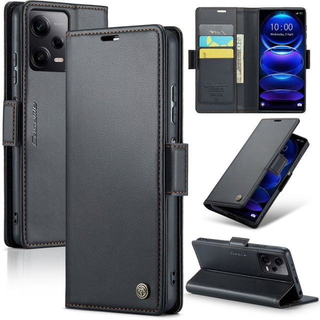 CaseMe 023 Butterfly Buckle Litchi Texture RFID Anti-theft Leather Phone Case For Xiaomi Poco X5 Pro 5G/Redmi Note 12 Pro 5G Global(Black)