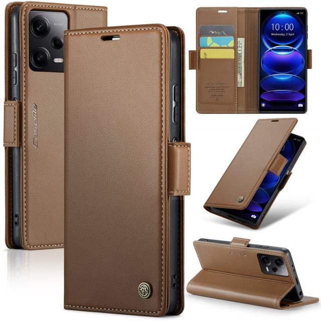 CaseMe 023 Butterfly Buckle Litchi Texture RFID Anti-theft Leather Phone Case For Xiaomi Poco X5 Pro 5G/Redmi Note 12 Pro 5G Global(Brown)