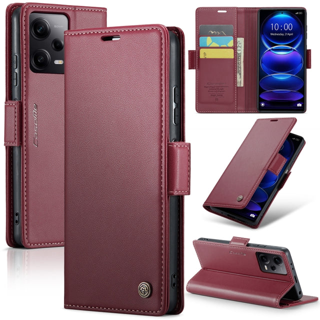 CaseMe 023 Butterfly Buckle Litchi Texture RFID Anti-theft Leather Phone Case For Xiaomi Poco X5 Pro 5G/Redmi Note 12 Pro 5G Global(Wine Red)
