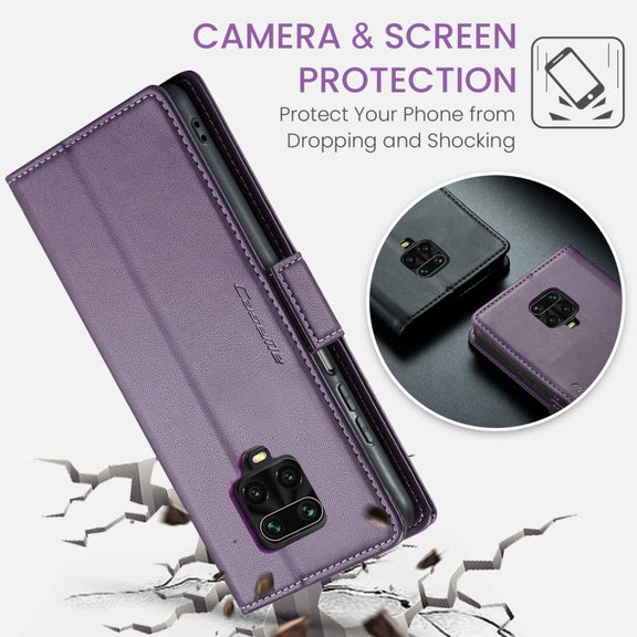 For Xiaomi Redmi Note 9S/Note 9 Pro/Note 9 Pro Max CaseMe 023 Butterfly Buckle Litchi Texture RFID Anti-theft Leather Phone Case(Pearly Purple)