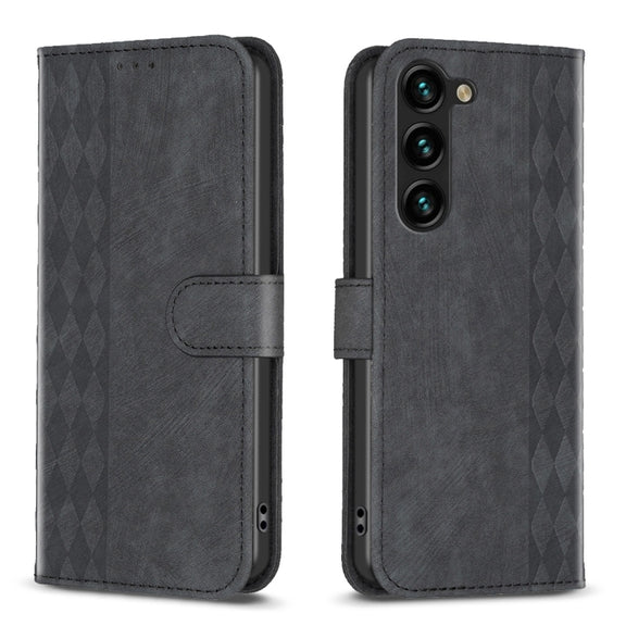 For Samsung Galaxy S23 5G Plaid Embossed Leather Phone Case(Black)