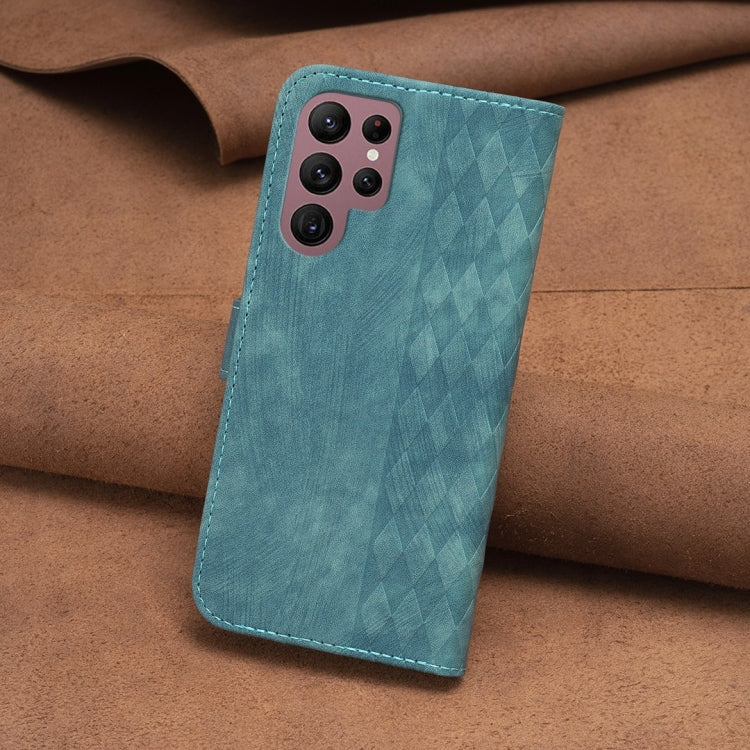 For Samsung Galaxy S22 Ultra 5G Plaid Embossed Leather Phone Case(Green)