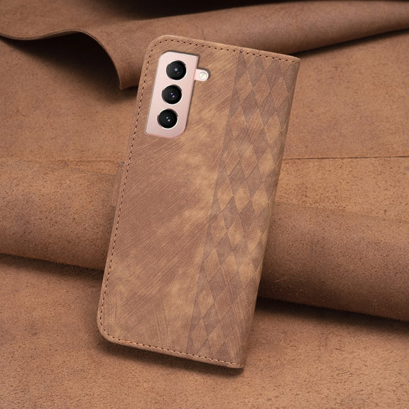 For Samsung Galaxy S21 5G Plaid Embossed Leather Phone Case(Brown)