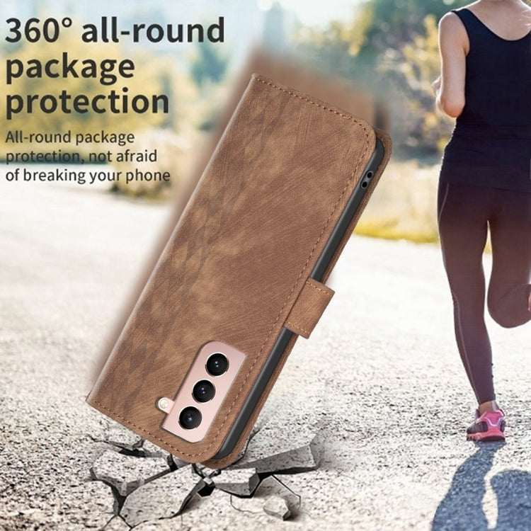 For Samsung Galaxy S21 5G Plaid Embossed Leather Phone Case(Brown)