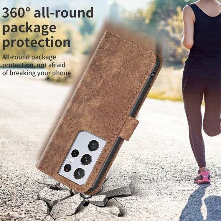 For Samsung Galaxy S21 Ultra 5G Plaid Embossed Leather Phone Case(Brown)
