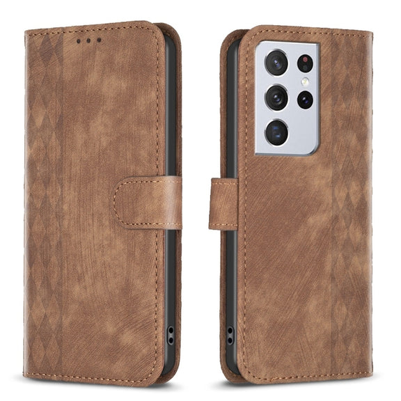 For Samsung Galaxy S21 Ultra 5G Plaid Embossed Leather Phone Case(Brown)