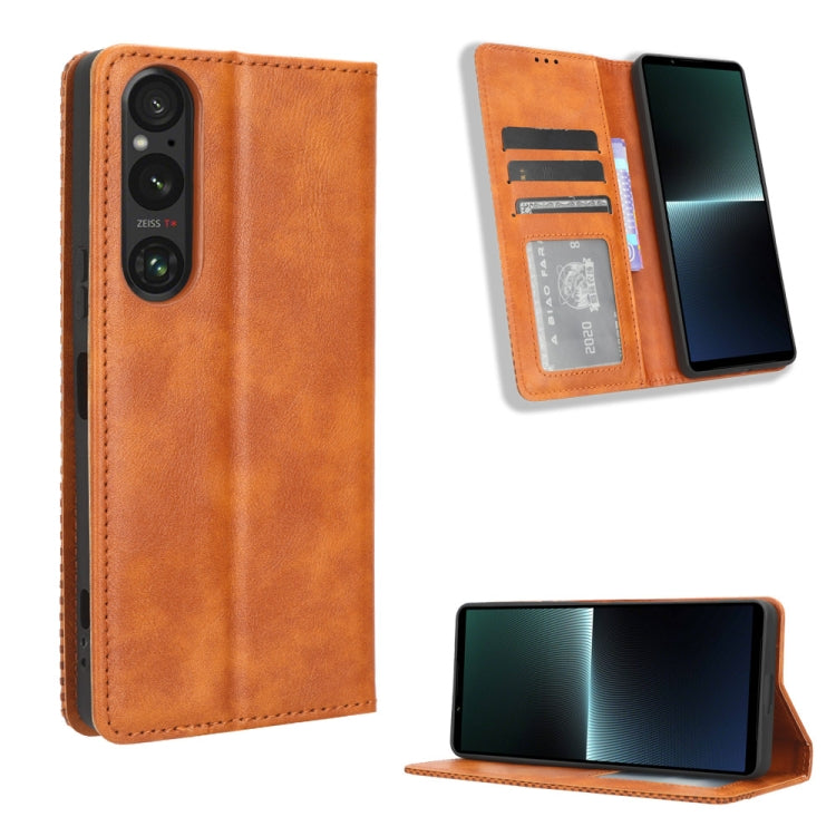 For Sony Xperia 1 V Magnetic Buckle Retro Texture Leather Phone Case(Brown)