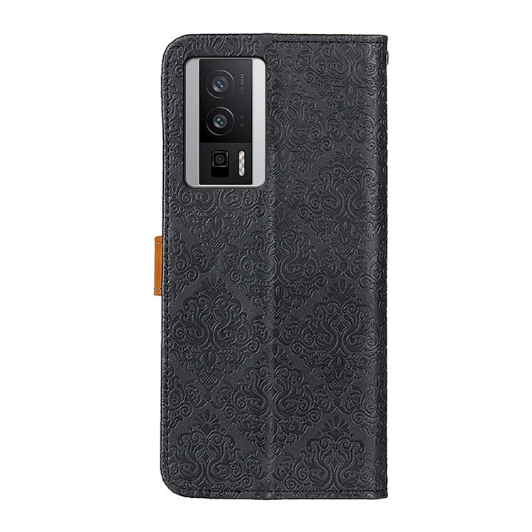 For Xiaomi Poco F5 Pro/Redmi K60/K60 Pro European Floral Embossed Flip Leather Phone Case(Black)
