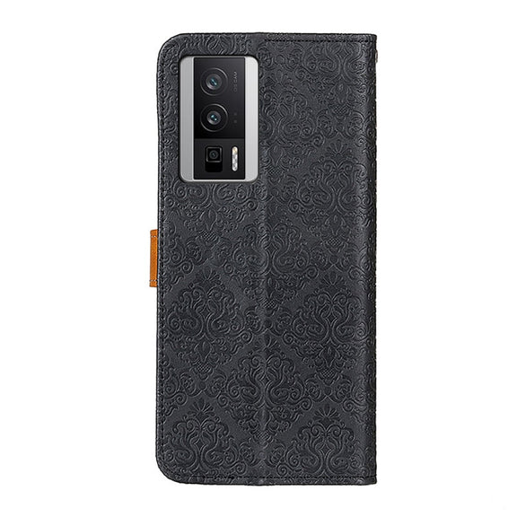 For Xiaomi Poco F5 Pro/Redmi K60/K60 Pro European Floral Embossed Flip Leather Phone Case(Black)