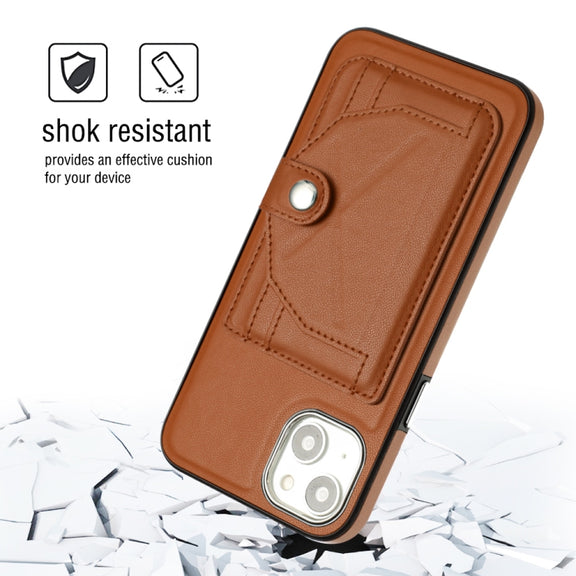 For iPhone 15 Plus Shockproof Leather Phone Case with Card Holder(Brown)