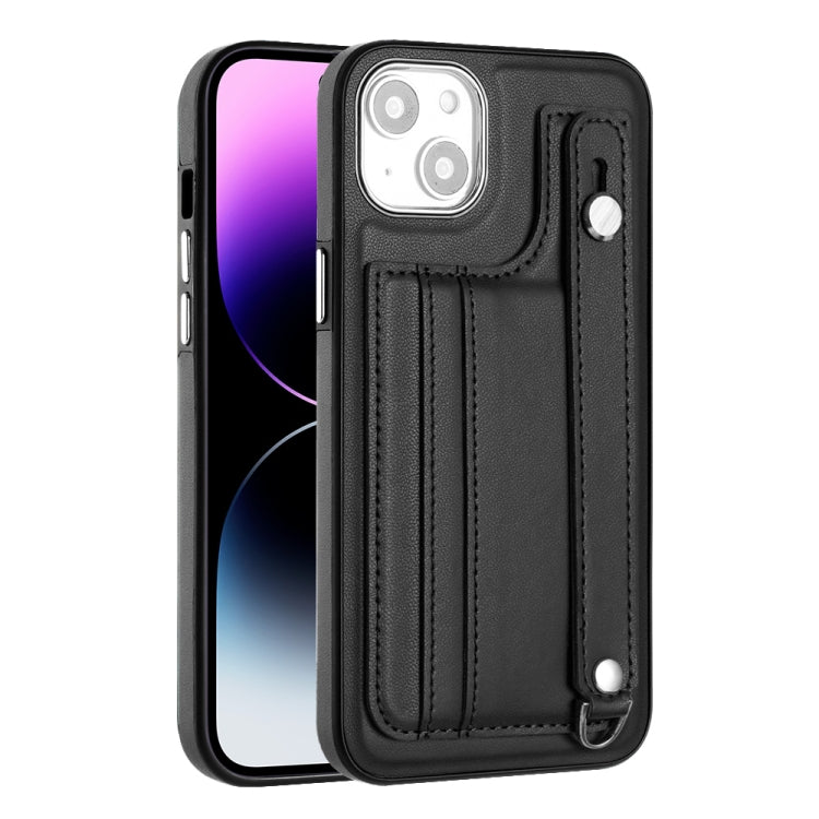 For iPhone 14 Shockproof Leather Phone Case with Wrist Strap(Black)