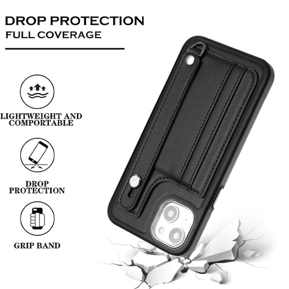 For iPhone 14 Shockproof Leather Phone Case with Wrist Strap(Black)