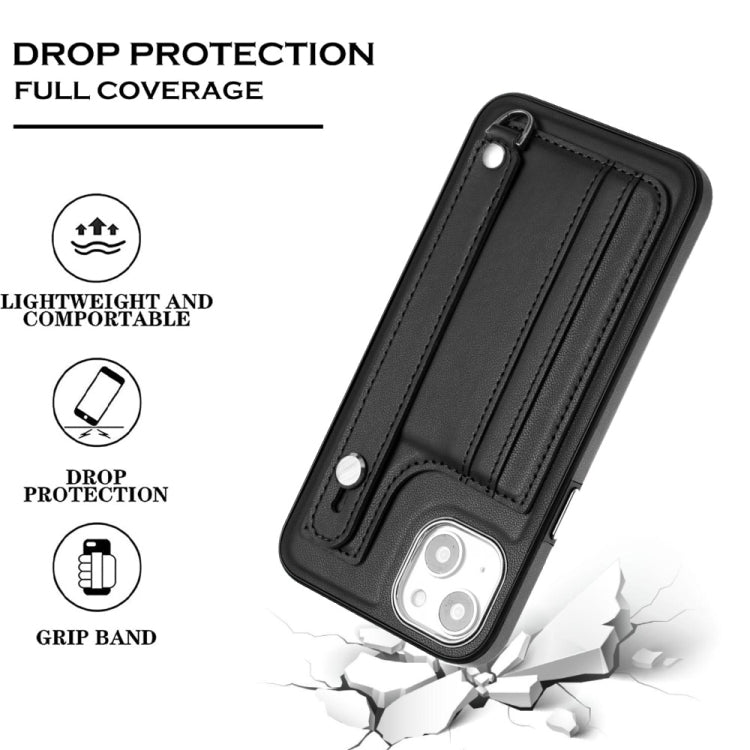 For iPhone 14 Plus Shockproof Leather Phone Case with Wrist Strap(Black)