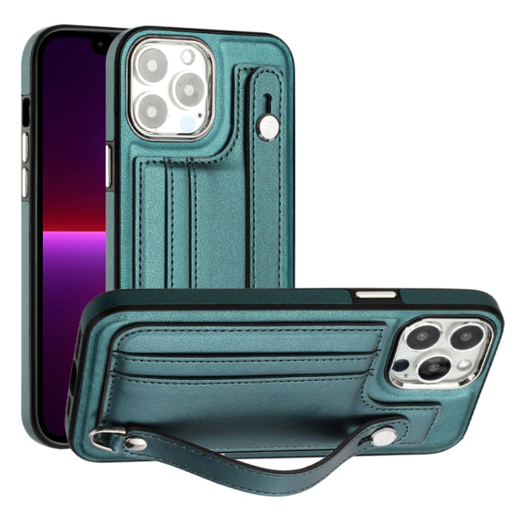 For iPhone 14 Pro Shockproof Leather Phone Case with Wrist Strap(Green)