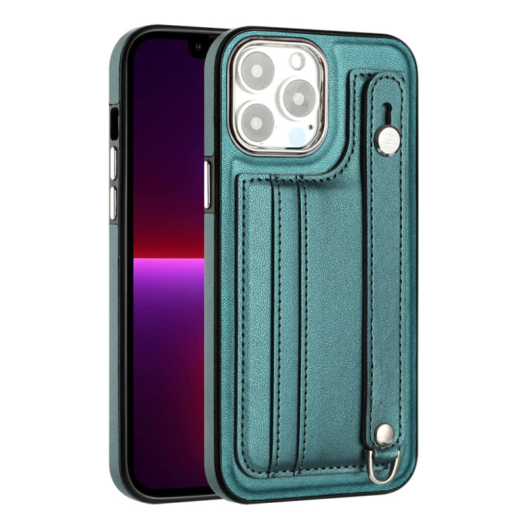 For iPhone 14 Pro Shockproof Leather Phone Case with Wrist Strap(Green)