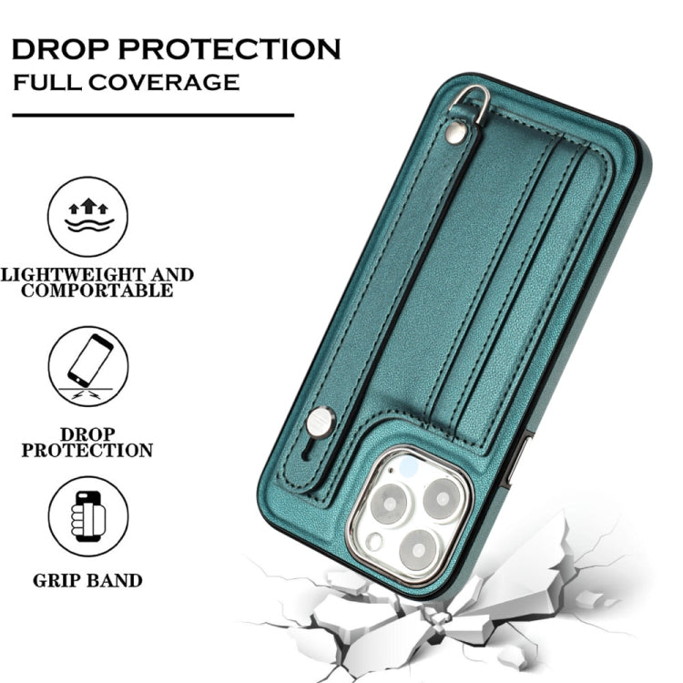 For iPhone 14 Pro Shockproof Leather Phone Case with Wrist Strap(Green)