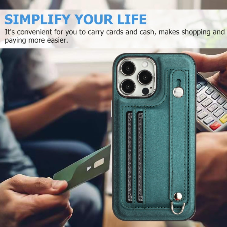 For iPhone 14 Pro Shockproof Leather Phone Case with Wrist Strap(Green)