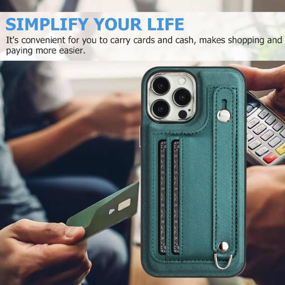 For iPhone 14 Pro Shockproof Leather Phone Case with Wrist Strap(Green)