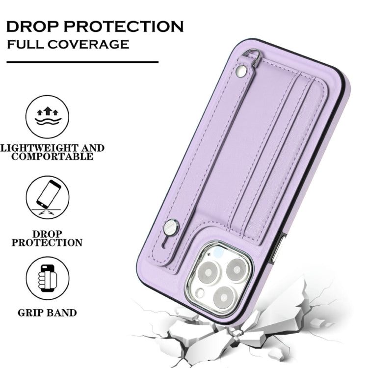 For iPhone 14 Pro Max Shockproof Leather Phone Case with Wrist Strap(Purple)