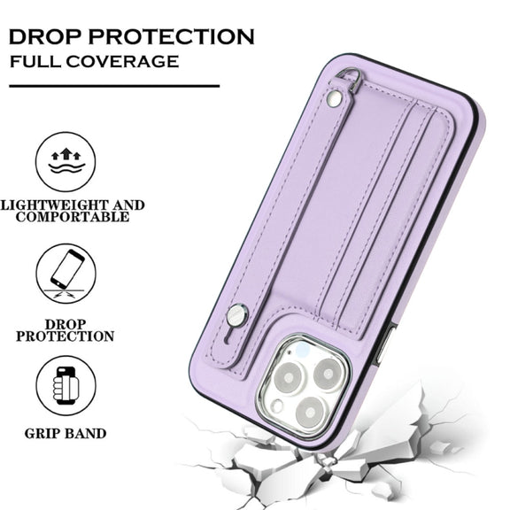 For iPhone 14 Pro Max Shockproof Leather Phone Case with Wrist Strap(Purple)