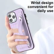 For iPhone 14 Pro Max Shockproof Leather Phone Case with Wrist Strap(Purple)