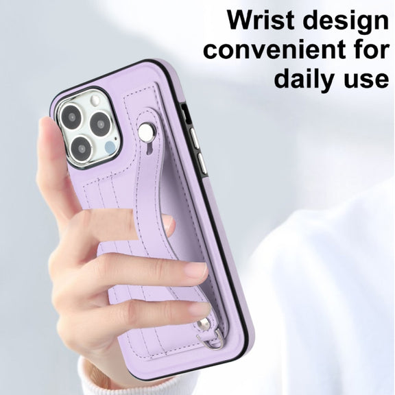 For iPhone 14 Pro Max Shockproof Leather Phone Case with Wrist Strap(Purple)