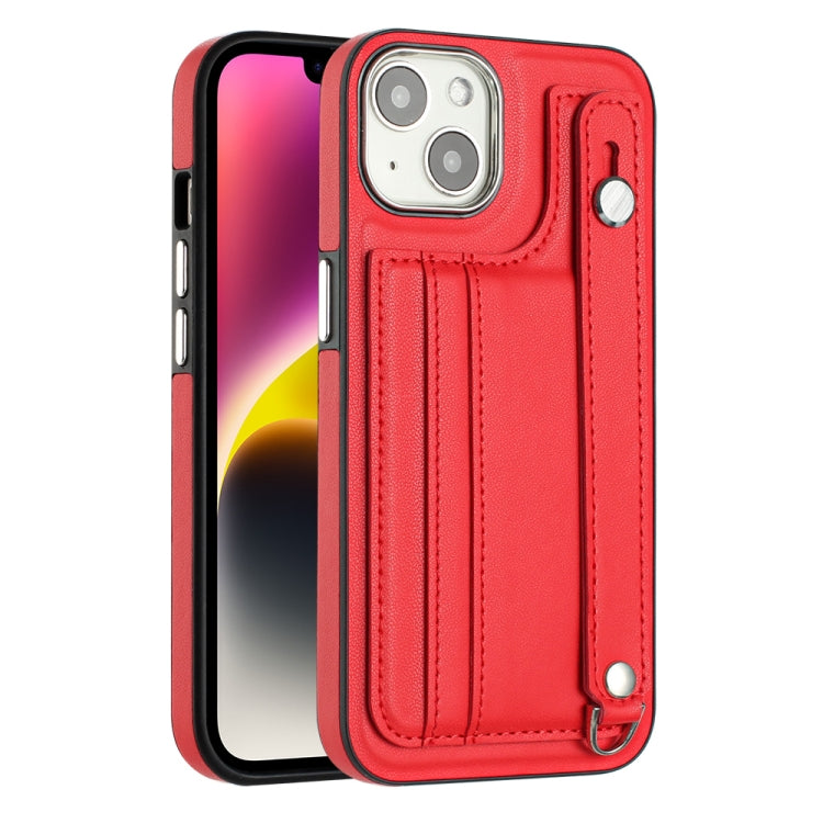 For iPhone 13 Shockproof Leather Phone Case with Wrist Strap(Red)