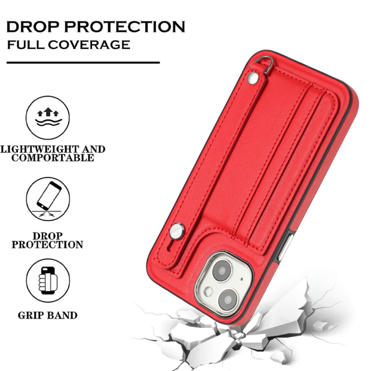 For iPhone 13 Shockproof Leather Phone Case with Wrist Strap(Red)