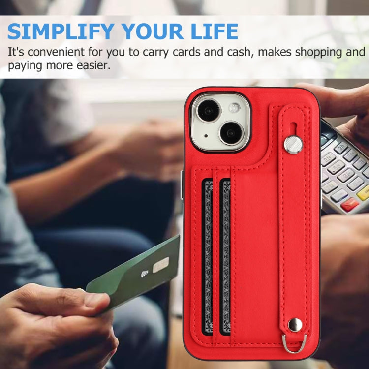 For iPhone 13 Shockproof Leather Phone Case with Wrist Strap(Red)
