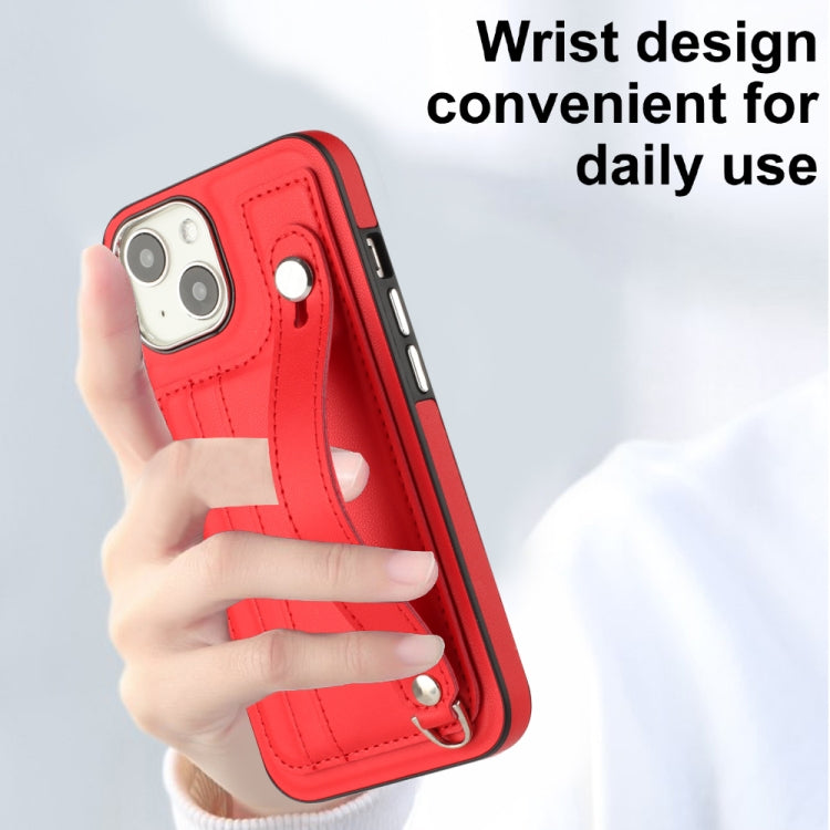 For iPhone 13 Shockproof Leather Phone Case with Wrist Strap(Red)