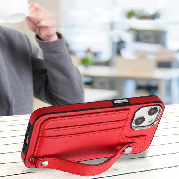 For iPhone 13 Shockproof Leather Phone Case with Wrist Strap(Red)
