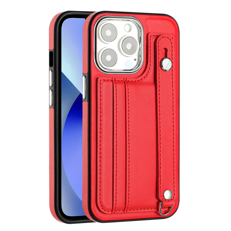 For iPhone 13 Pro Shockproof Leather Phone Case with Wrist Strap(Red)