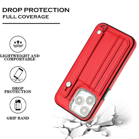 For iPhone 13 Pro Shockproof Leather Phone Case with Wrist Strap(Red)