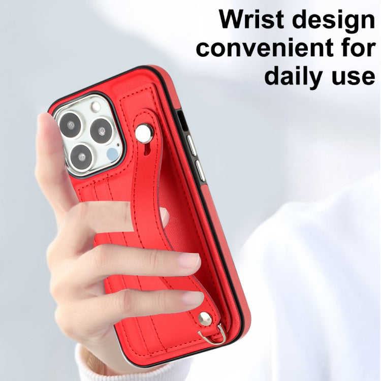 For iPhone 13 Pro Shockproof Leather Phone Case with Wrist Strap(Red)
