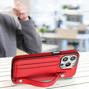For iPhone 13 Pro Shockproof Leather Phone Case with Wrist Strap(Red)