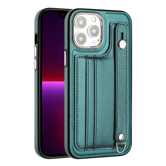 For iPhone 13 Pro Max Shockproof Leather Phone Case with Wrist Strap(Green)