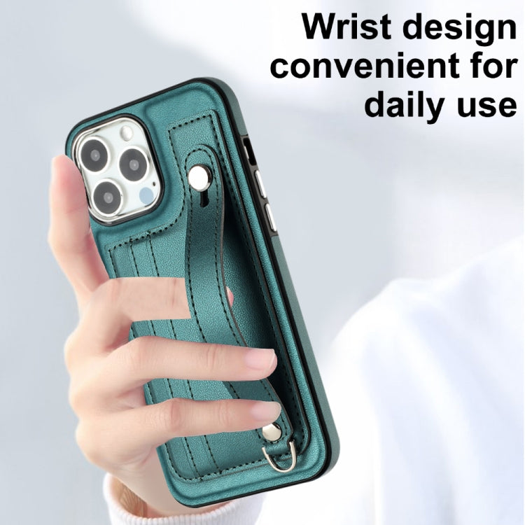 For iPhone 13 Pro Max Shockproof Leather Phone Case with Wrist Strap(Green)