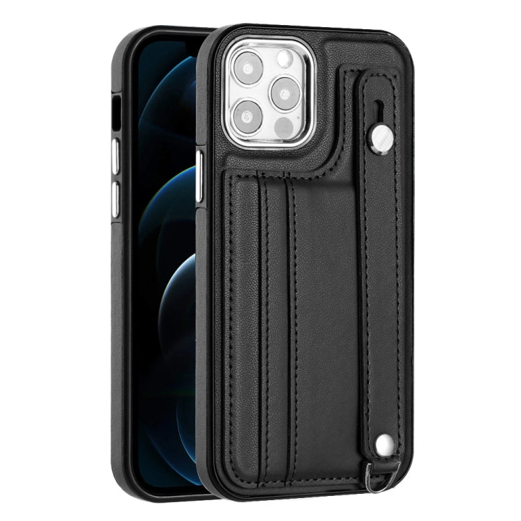 For iPhone 12 / 12 Pro Shockproof Leather Phone Case with Wrist Strap(Black)