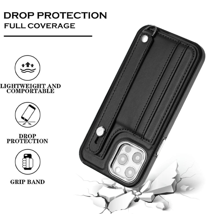 For iPhone 12 / 12 Pro Shockproof Leather Phone Case with Wrist Strap(Black)