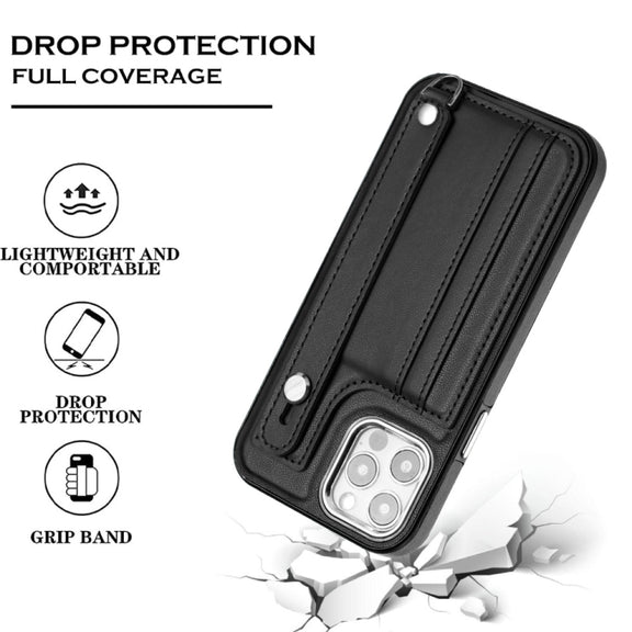 For iPhone 12 / 12 Pro Shockproof Leather Phone Case with Wrist Strap(Black)