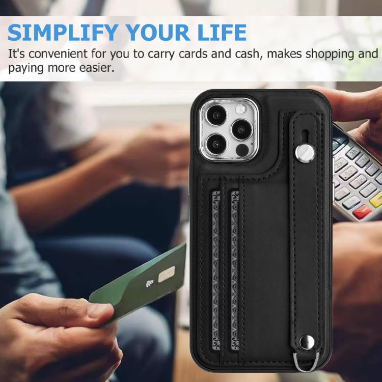 For iPhone 12 / 12 Pro Shockproof Leather Phone Case with Wrist Strap(Black)