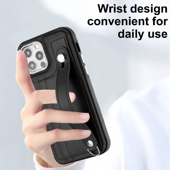 For iPhone 12 / 12 Pro Shockproof Leather Phone Case with Wrist Strap(Black)